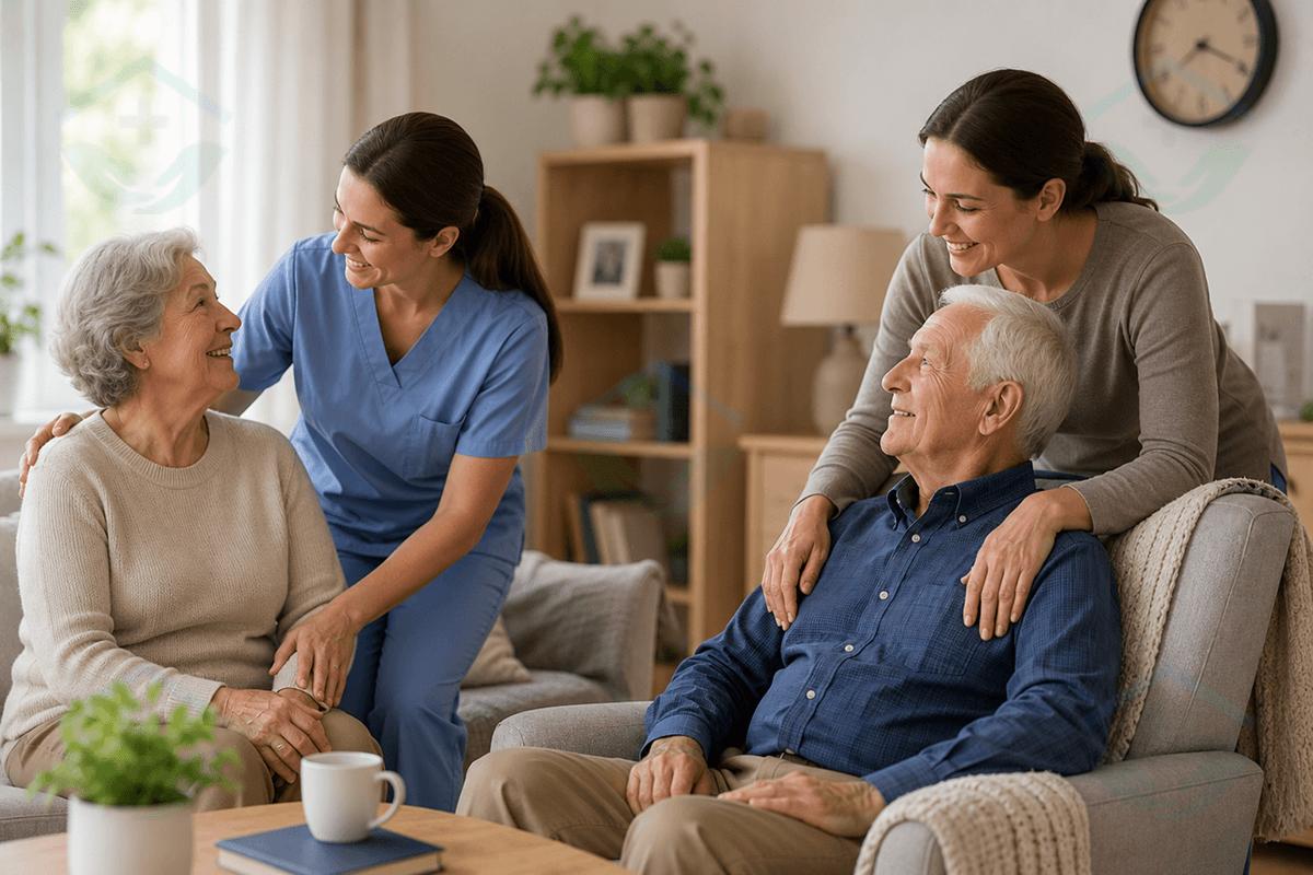 Two female caregivers share a warm moment with an elderly couple at home in a cozy living room.